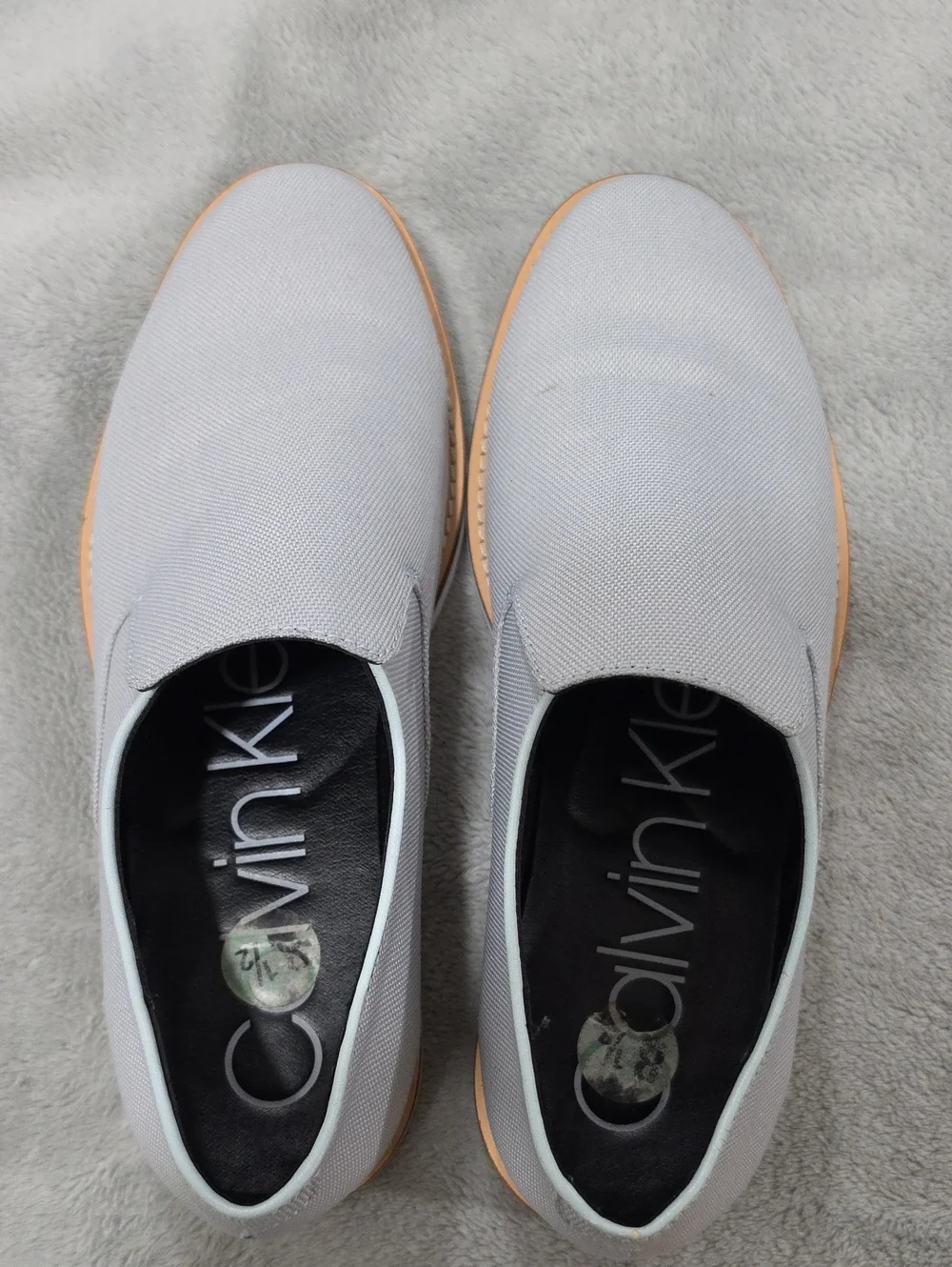 Calvin Klein Light Gray Slip-On Loafers with Tan Trim